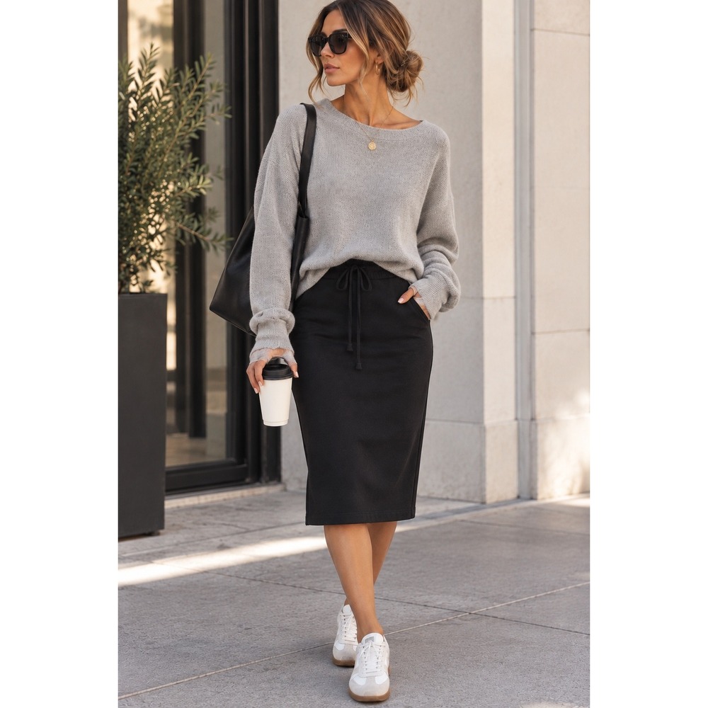 Zara Black Fleece Sweatshirt Midi Skirt Drawstring Waist Back Slit Size M